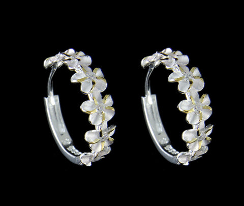 STERLING SILVER 925 2 TONE YELLOW 6 HAWAIIAN PLUMERIA FLOWER HOOP EARRINGS CZ (PE-134)