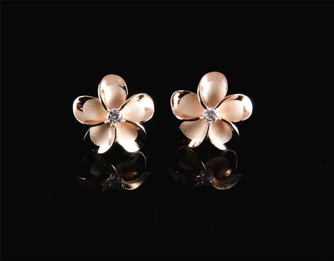 PINK ROSE GOLD STERLING SILVER 925 HAWAIIAN PLUMERIA FLOWER STUD EARRING CZ 15MM (PE-138)