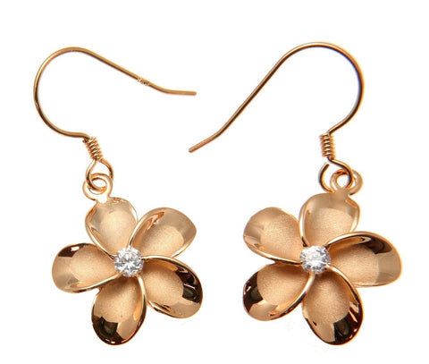 SILVER 925 PINK ROSE GOLD PLATED HAWAIIAN PLUMERIA FLOWER EARRINGS WIRE CZ 15MM (PE-139)