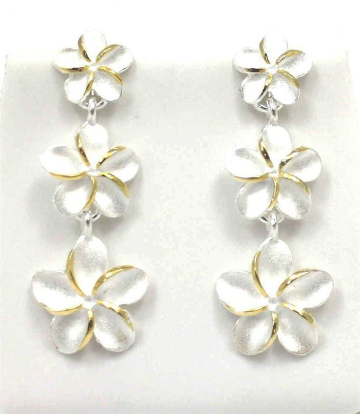 SILVER 925 HAWAIIAN 3 PLUMERIA FLOWER DANGLE EARRINGS 8mm 10mm 12mm 2TONE (PE-143)