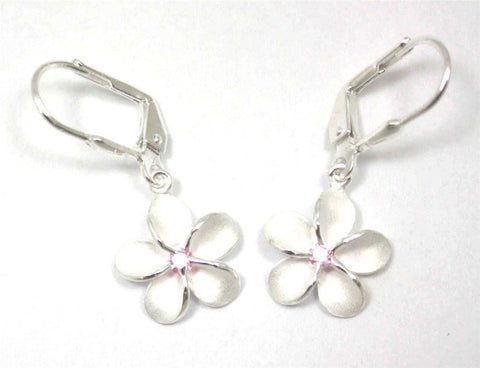 STERLING SILVER 925 HAWAIIAN PLUMERIA FLOWER LEVERBACK EARRINGS PINK CZ 15MM (PE-150)