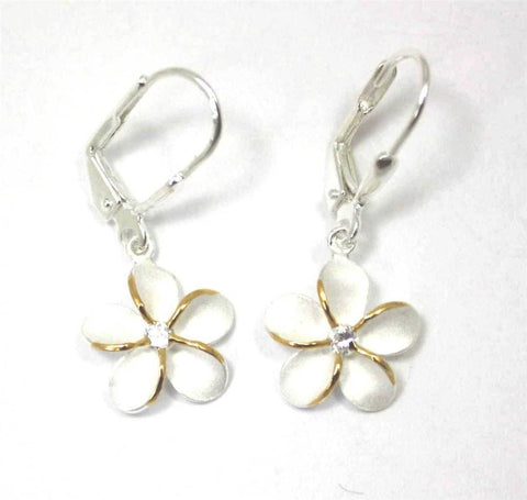 SILVER 925 HAWAIIAN PLUMERIA LEVERBACK EARRINGS CZ 15MM 2 TONE (PE-151)