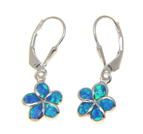 925 SILVER RHODIUM INLAY OPAL 10MM HAWAIIAN PLUMERIA FLOWER LEVERBACK EARRINGS (PE-158)