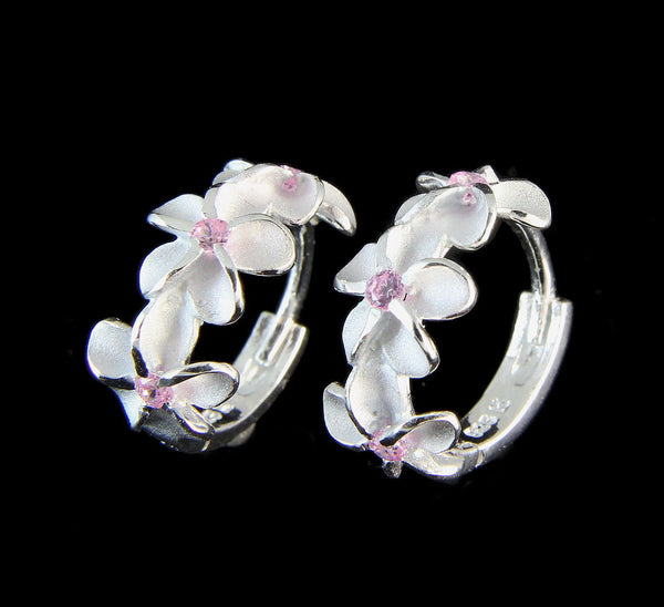 STERLING SILVER 925 HAWAIIAN 8MM 3 PLUMERIA FLOWER HOOP EARRINGS PINK CZ (PE-159)