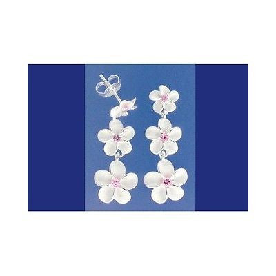 SILVER 925 HAWAIIAN 3 PLUMERIA FLOWER 8MM-10MM-12MM DANGLE EARRINGS PINK CZ (PE-163)