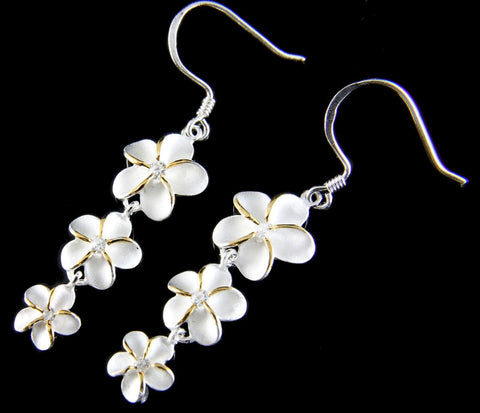 SILVER 925 HAWAIIAN 3 PLUMERIA 12MM 10MM 8MM DANGLE WIRE HOOK EARRINGS CZ 2 TONE (PE-165)