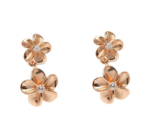 ROSE GOLD ON SILVER 925 HAWAIIAN 8MM DANGLE 10MM PLUMERIA FLOWER EARRINGS (PE-166)