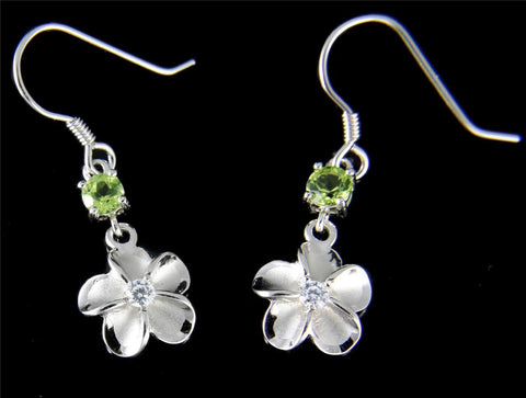 GENUINE PERIDOT SILVER 925 HAWAIIAN PLUMERIA FLOWER WIRE HOOK EARRINGS RHODIUM (PE-167)