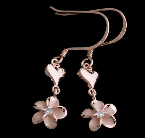 SILVER 925 PINK GOLD PLATED HEART HAWAIIAN PLUMERIA FLOWER WIRE HOOK EARRINGS (PE-170)