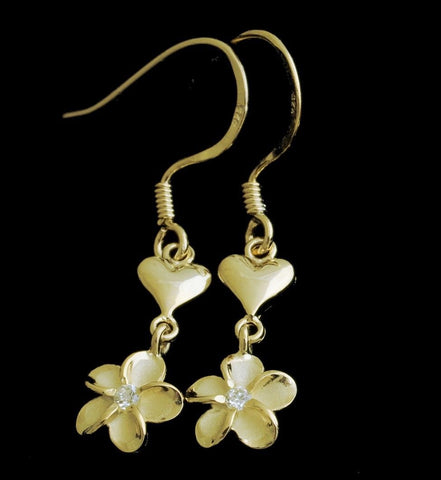 SILVER 925 YELLOW GOLD PLATED HEART HAWAIIAN PLUMERIA FLOWER WIRE HOOK EARRINGS (PE-171)