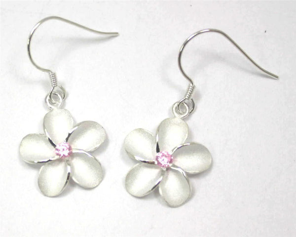 SILVER 925 HAWAIIAN PLUMERIA EARRINGS ON WIRE HOOK PINK CZ 18MM (PE-185)