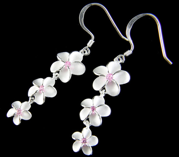 SILVER 925 HAWAIIAN 3 PLUMERIA 12MM 10MM 8MM DANGLE WIRE HOOK EARRINGS PINK CZ (PE-188)