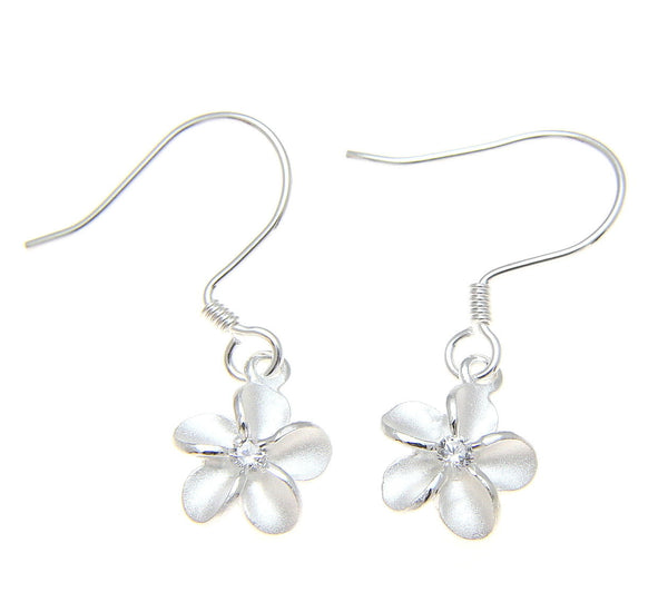 STERLING SILVER 925 HAWAIIAN PLUMERIA FLOWER EARRINGS HOOK WIRE CZ 8MM (PE-18)