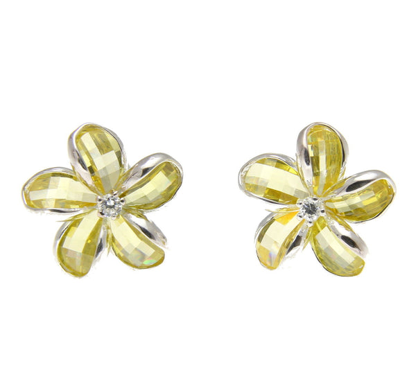 925 SILVER FACET YELLOW NATURAL CRYSTAL HAWAIIAN PLUMERIA FLOWER EARRINGS (PE-192)