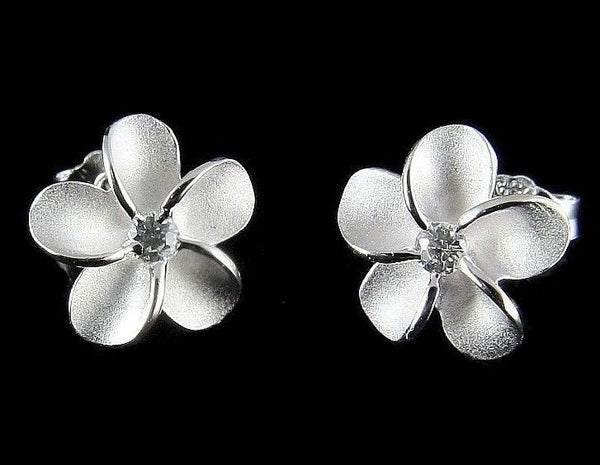 STERLING SILVER 925 HAWAIIAN PLUMERIA TROPICAL FLOWER STUD POST EARRINGS 12MM (PE-68)