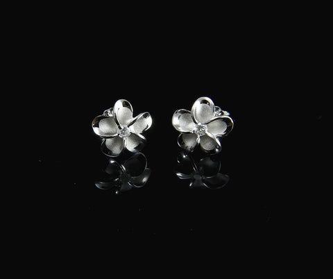 STERLING SILVER 925 HAWAIIAN 10MM PLUMERIA FLOWER STUD POST EARRINGS RHODIUM (PE-69)