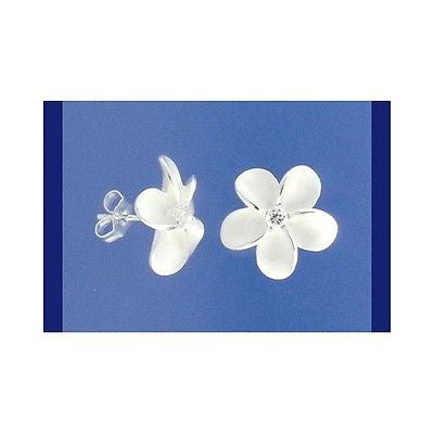 SILVER 925 HAWAIIAN PLUMERIA FLOWER STUD EARRINGS 15MM (PE-71)