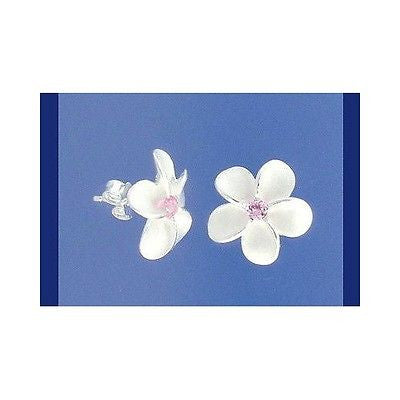 SILVER 925 HAWAIIAN PLUMERIA FLOWER EARRINGS 15MM PINK (PE-78)