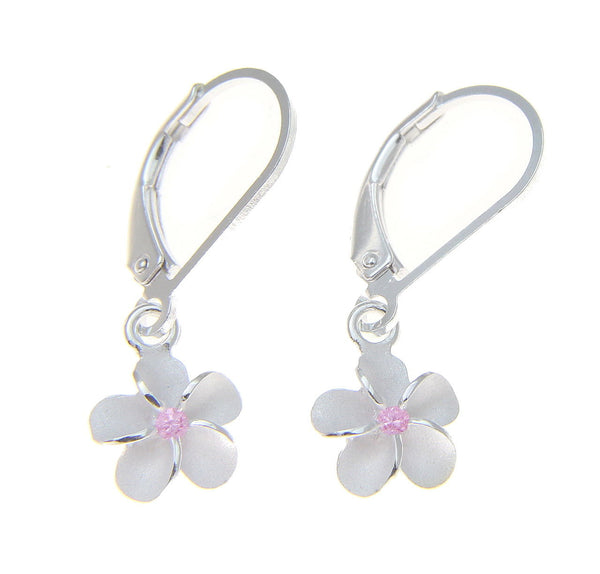 STERLING SILVER 925 HAWAIIAN PLUMERIA FLOWER LEVERBACK EARRINGS PINK CZ 8MM (PE-81)