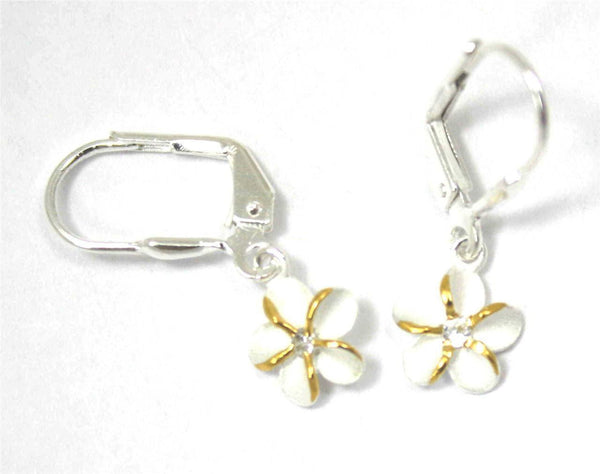 SILVER 925 HAWAIIAN PLUMERIA LEVERBACK EARRINGS CZ 10MM 2 TONE (PE-93)