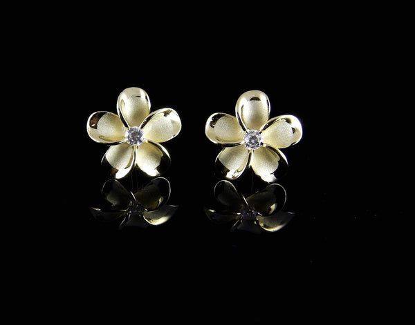 YELLOW SILVER 925 HAWAIIAN PLUMERIA FLOWER EARRING POST STUD CZ 12MM (PE-96)