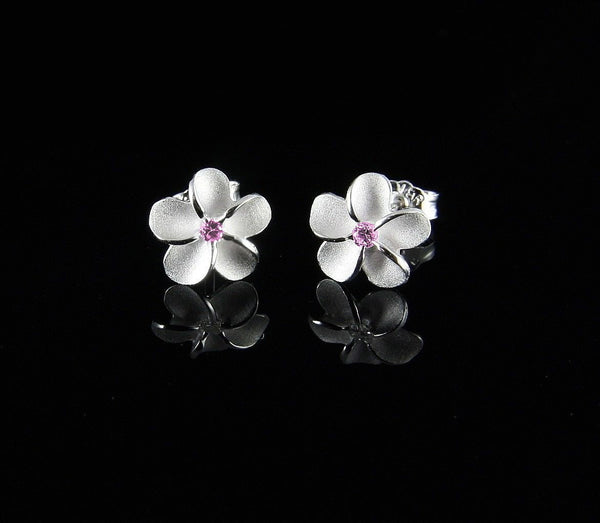 SILVER 925 HAWAIIAN PLUMERIA FLOWER POST STUD EARRINGS 8MM PINK CZ (PE-9)