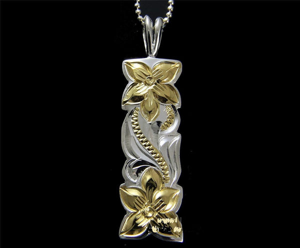 SILVER 925 HAWAIIAN PLUMERIA PRINCESS SCROLL VERTICAL PENDANT 10MM YELLOW 2 TONE (PP-108)