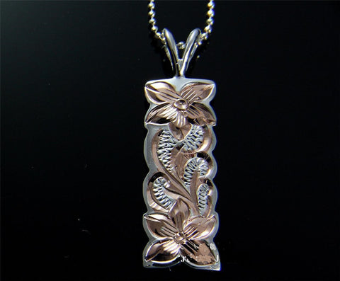 PINK 2T SILVER 925 HAWAIIAN PLUMERIA FLOWER QUEEN SCROLL VERTICAL PENDANT 10MM (PP-113)