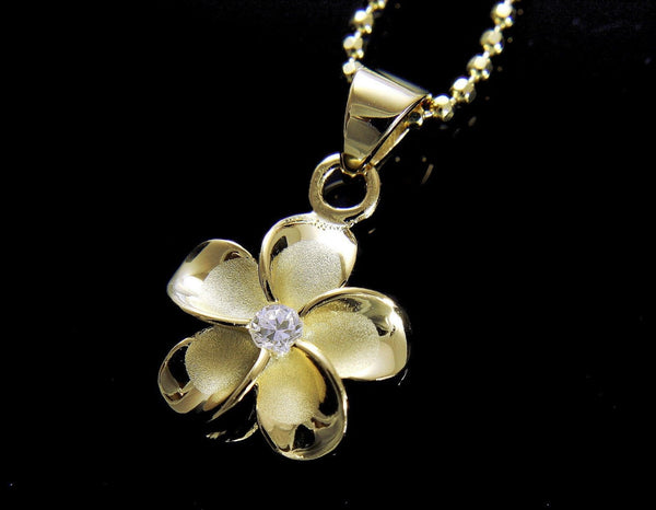 YELLOW GOLD PLATED SILVER 925 HAWAIIAN PLUMERIA FLOWER PENDANT CZ 20MM (PP-117)