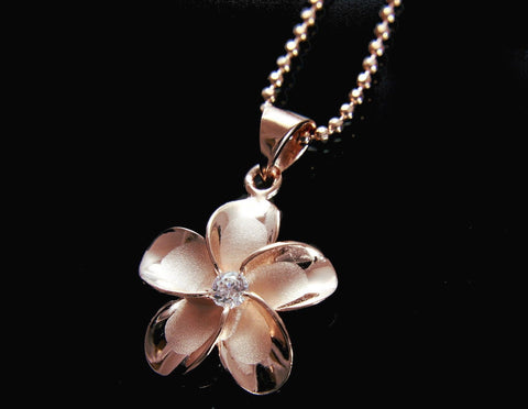 PINK ROSE SILVER 925 HAWAIIAN PLUMERIA FLOWER PENDANT CZ 20MM (PP-119)