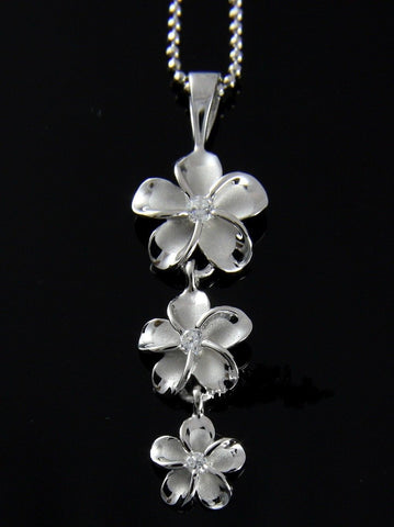 STERLING SILVER 925 HAWAIIAN 3 FANCY PLUMERIA 12MM-10MM-8MM PENDANT RHODIUM (PP-122)