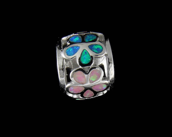 INLAY TRICOLOR OPAL HAWAIIAN PLUMERIA BARREL TUBE SLIDE PENDANT SOLID SILVER 925 (PP-130)