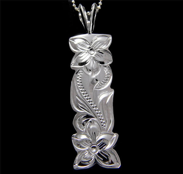 SILVER 925 HAWAIIAN PLUMERIA FLOWER PRINCESS SCROLL VERTICAL PENDANT 12MM (PP-142)