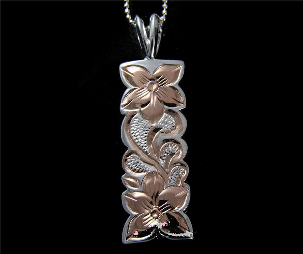 PINK 2T SILVER 925 HAWAIIAN PLUMERIA FLOWER QUEEN SCROLL VERTICAL PENDANT 12MM (PP-147)