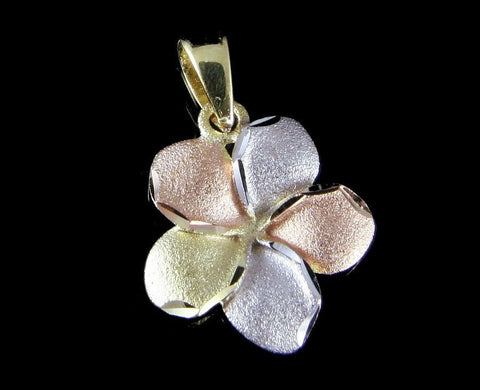 13MM SOLID 14K YELLOW ROSE WHITE TRICOLOR GOLD HAWAIIAN PLUMERIA FLOWER PENDANT (PP-190)