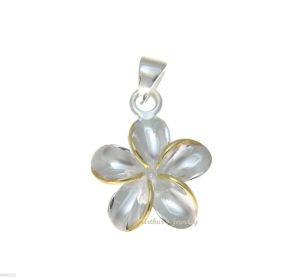 STERLING SILVER 925 SHINY HAWAIIAN 15MM PLUMERIA FLOWER PENDANT 2 TONE YELLOW (PP-19)