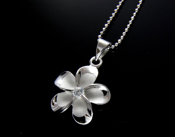 .925 Sterling Silver Pink Rose Hawaiian Plumeria Flower Pendant With Clear CZ – 12mm