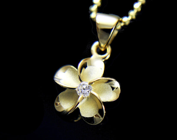 YELLOW GOLD PLATED SILVER 925 HAWAIIAN FANCY PLUMERIA FLOWER PENDANT CZ 15MM (PP-33)