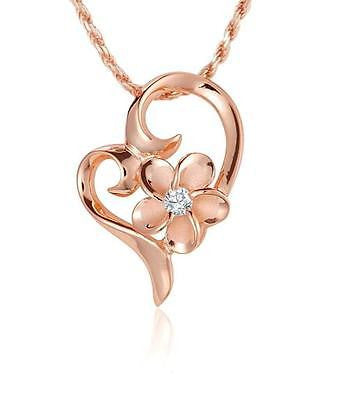 ROSE GOLD PLATED SILVER 925 HAWAIIAN 8MM PLUMERIA FLOATING HEART PENDANT CZ (PP-74)
