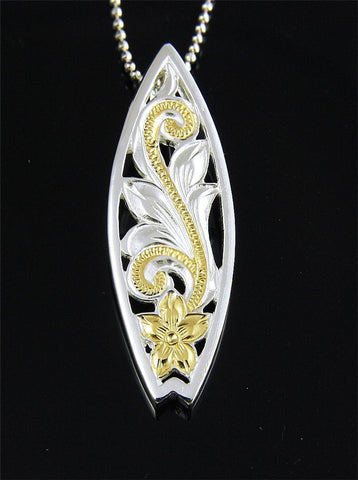 SILVER 925 YELLOW GOLD PLATED HAWAIIAN CUT OUT PLUMERIA SCROLL SURFBOARD PENDANT (PP-75)