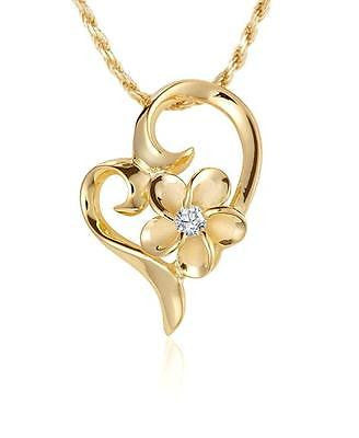 YELLOW GOLD PLATED SILVER 925 HAWAIIAN 8MM PLUMERIA FLOATING HEART PENDANT CZ (PP-84)
