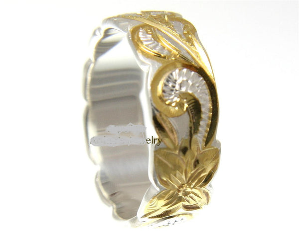 6MM SILVER 925 HAWAIIAN RING QUEEN SCROLL YELLOW GOLD PLATED 2 TONE (PR-25)