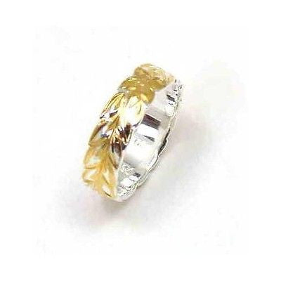 6MM SILVER 925 HAWAIIAN RING YELLOW GOLD PLATED MAILE LEAF 2 TONE (PR-28)
