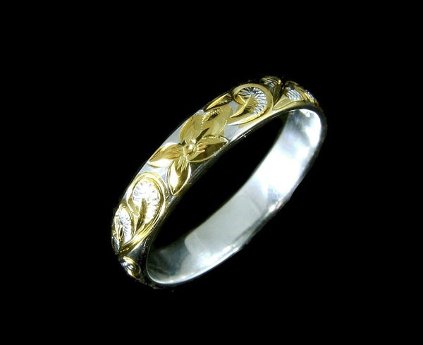 4MM YELLOW GOLD PLATED SILVER 925 HAWAIIAN PLUMERIA SCROLL BAND RING SIZE 1 - 12 (PR-2)
