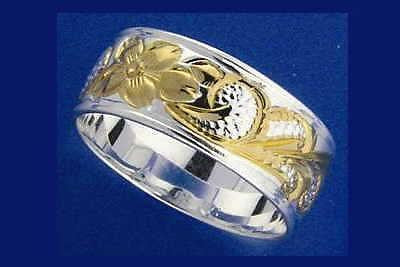 8MM SILVER 925 HAWAIIAN QUEEN SCROLL RING SMOOTH EDGE 2 TONE (PR-36)