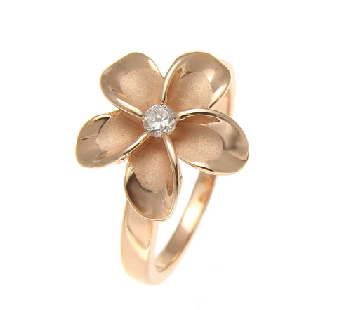 PINK ROSE GOLD PLATED STERLING SILVER 925 HAWAIIAN PLUMERIA FLOWER RING 15MM CZ (PR-45)