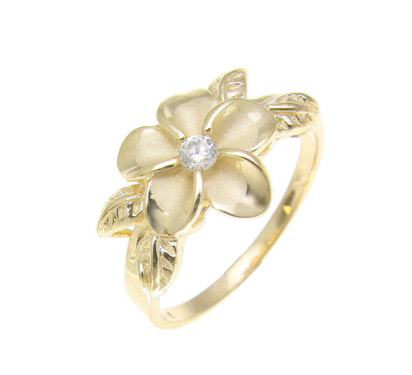 YELLOW GOLD PLATED SILVER 925 HAWAIIAN PLUMERIA FLOWER MAILE LEAF LEAVES RING CZ (PR-46)