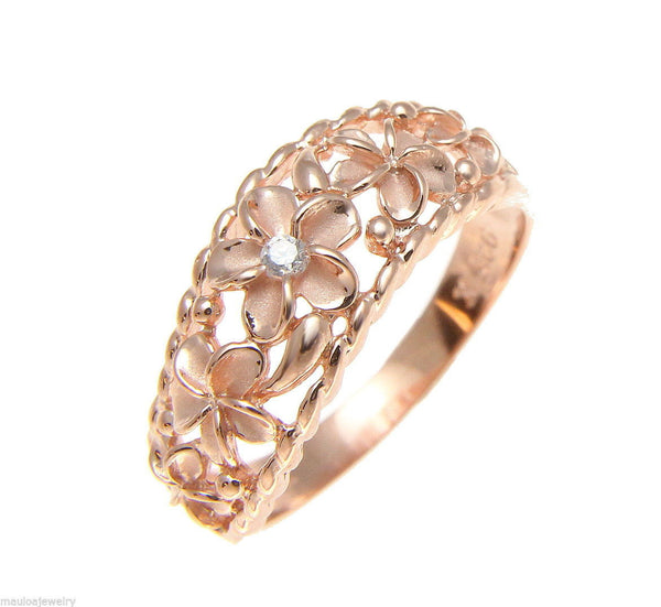 PINK ROSE GOLD PLATED 925 SILVER 5 HAWAIIAN PLUMERIA FLOWER CZ RING CURVE STYLE (PR-55)