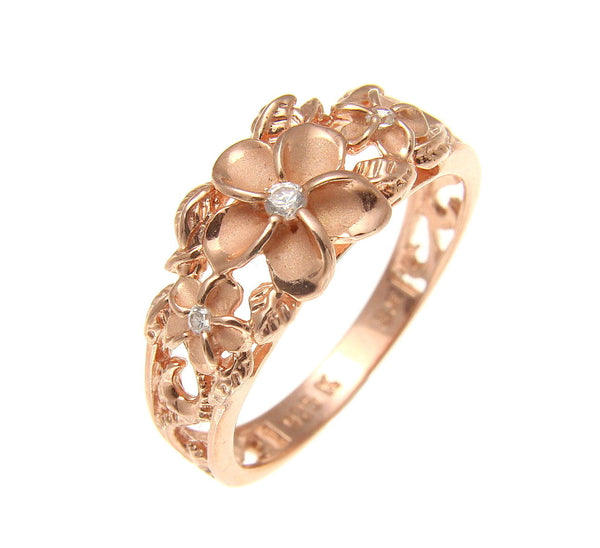 ROSE GOLD PLATED SILVER 925 HAWAIIAN 3 PLUMERIA FLOWER RING MAILE CUT OUT SCROLL (PR-62)