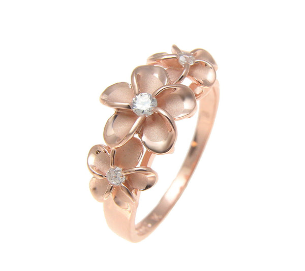 PINK ROSE GOLD PLATED STERLING SILVER 925 HAWAIIAN 3 PLUMERIA FLOWER RING CZ (PR-68)